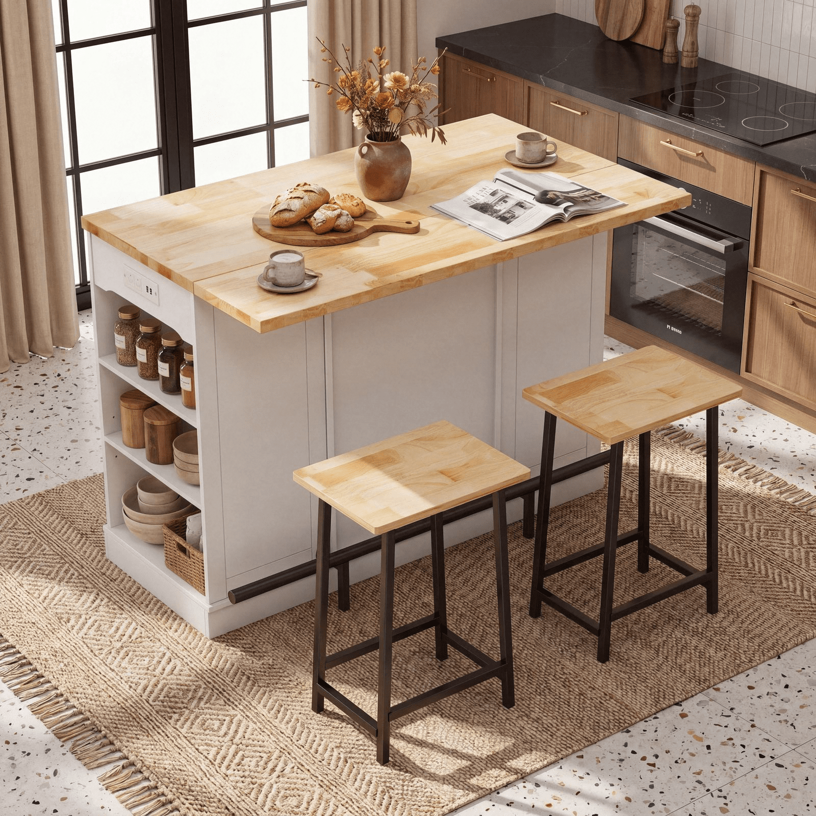 ROGALIS 47"Kitchen Island with 2 Chair, Stationary Island Table with Power Outlet, USB Ports, Spice Rack, Trash Cabinet, and Foldable Drop Leaf for Home Bar or Dining Room,White