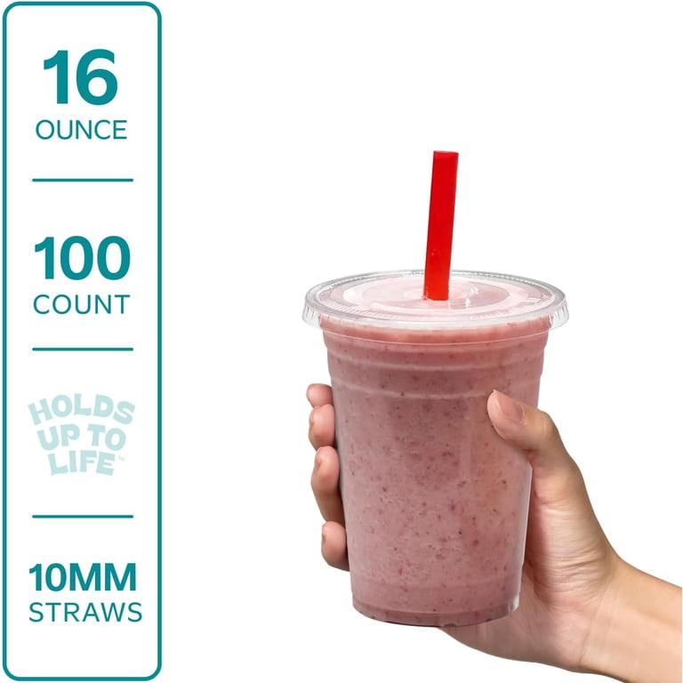 Comfy Package Plastic Cups With Flat Lids & Straws, 16 oz, 100 Clear Cups