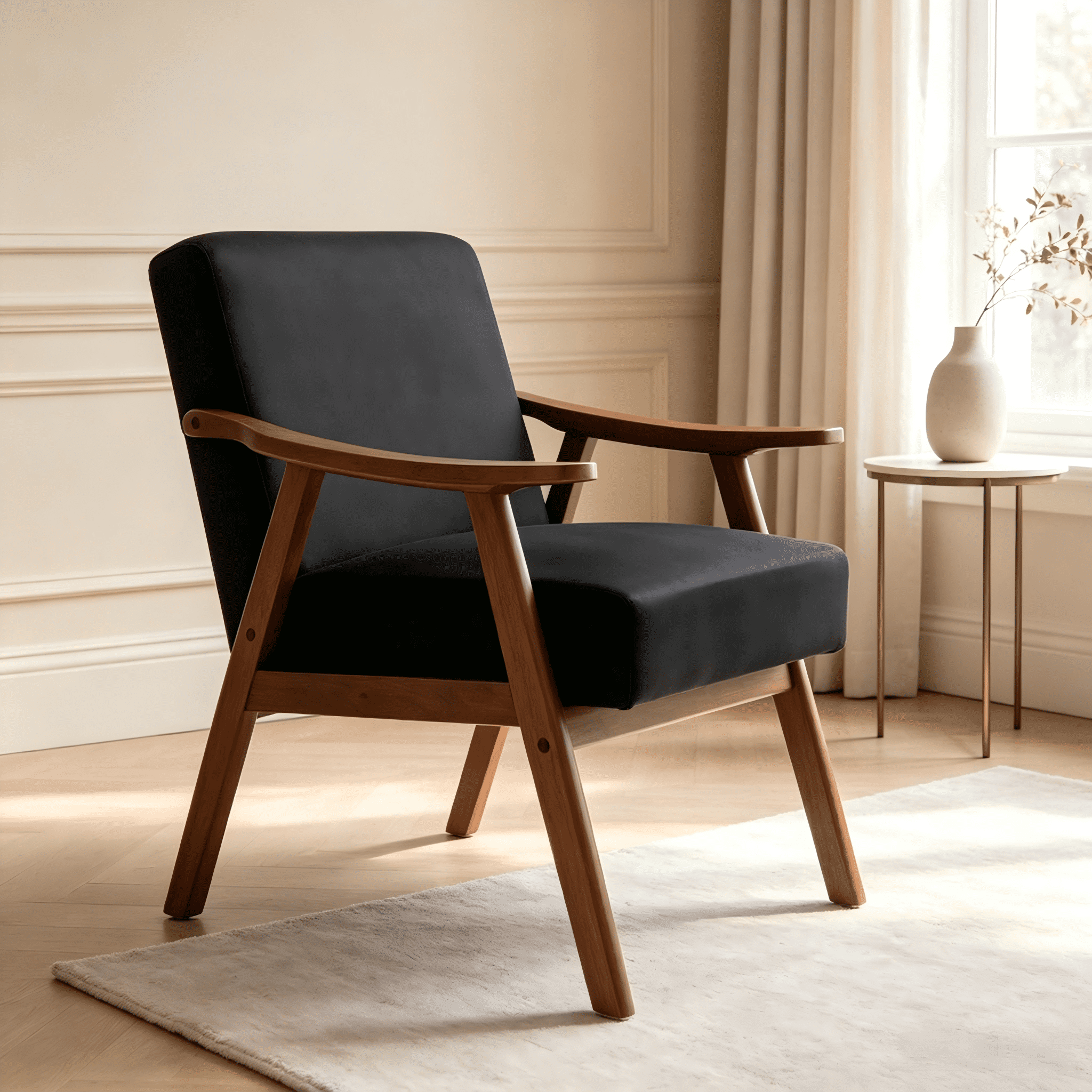 Mintazer Mid-Century Modern Velvet Leather Accent Chair, Armchair for Living Room Bedroom, Black