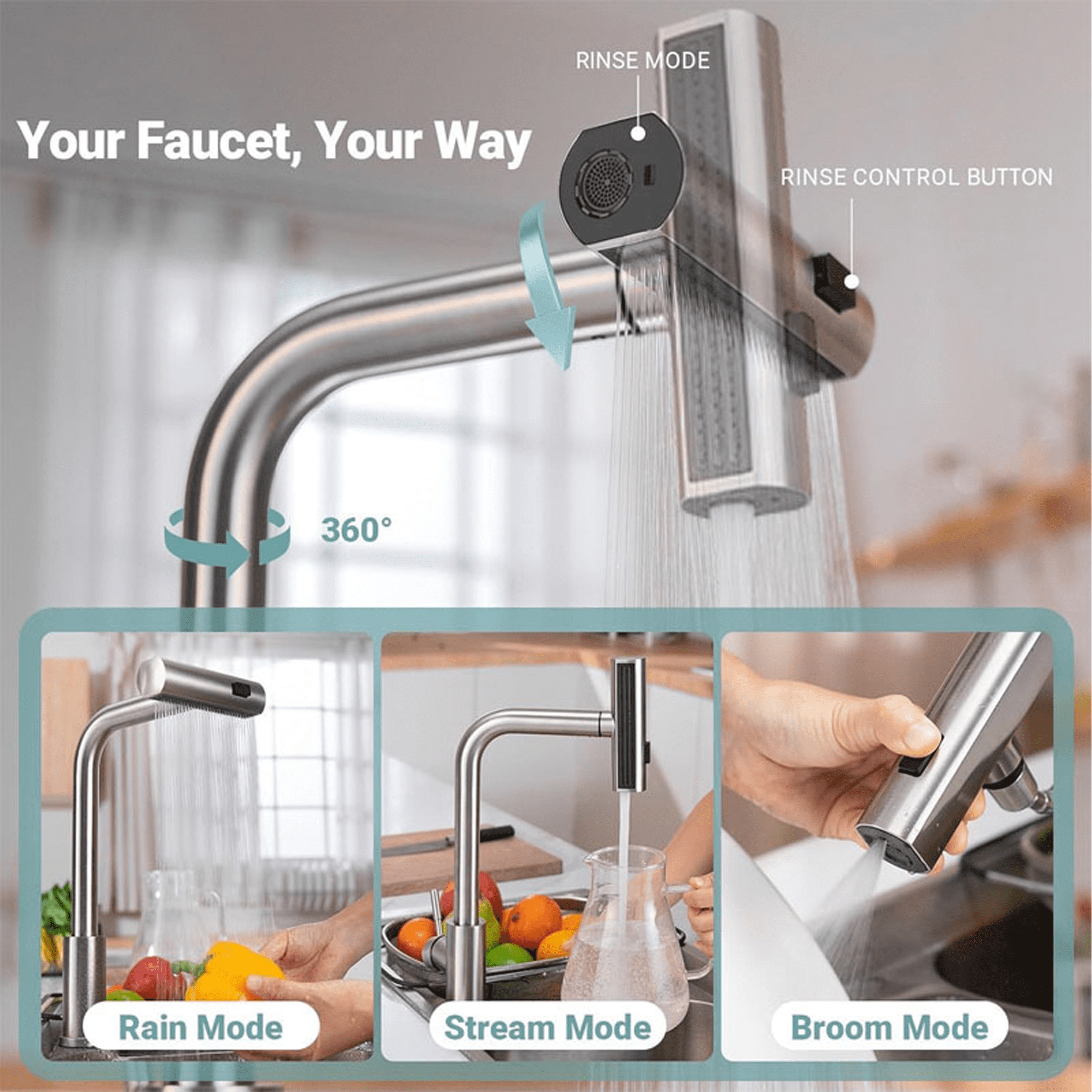 SERABETTO silver Kitchen Faucets with Pull Down Sprayer,Waterfall Kitchen Sink Faucet,3 Modes(Sweep/Stream/Waterfall) Rotary Switch