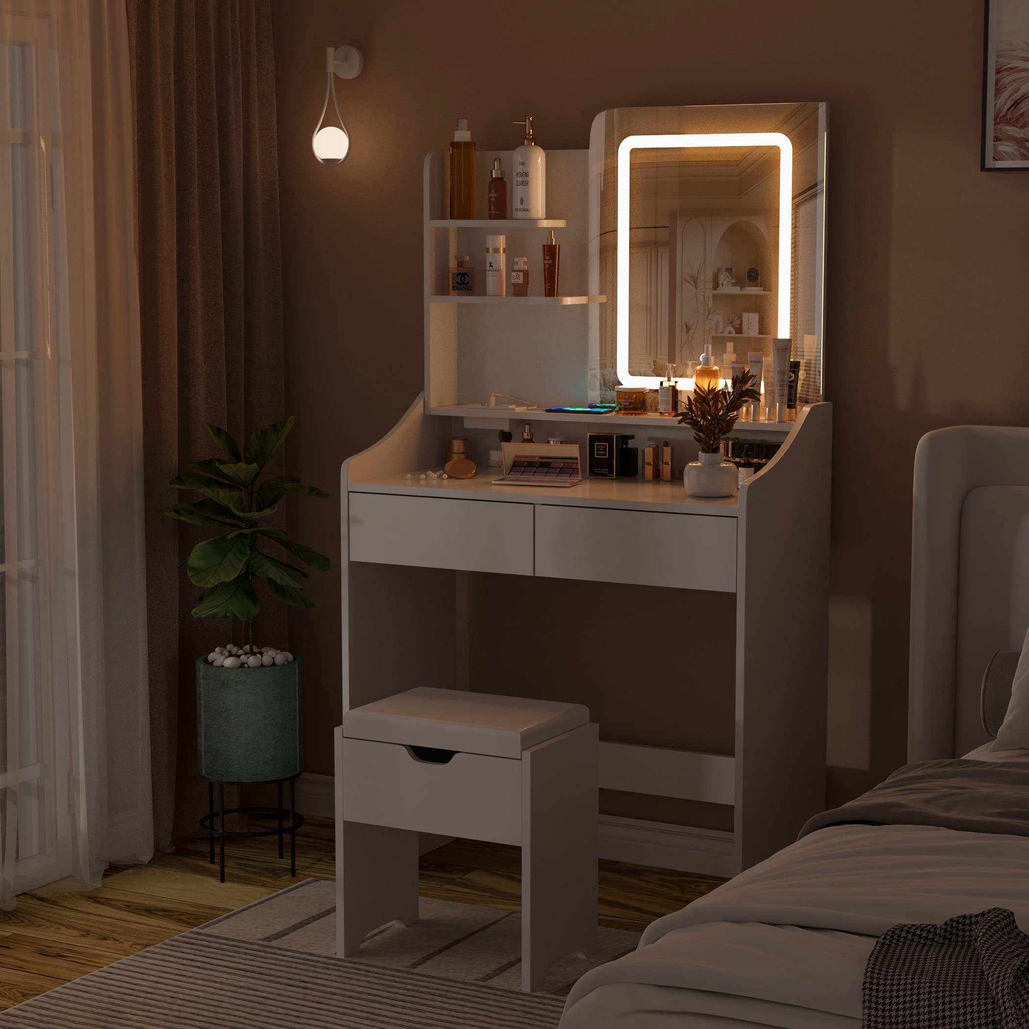 Veanerwood Makeup Vanity Set with Lights and Power Strip, Vanity Dressing Table with Drawers and Shelves, Bedroom, 31.5in, White