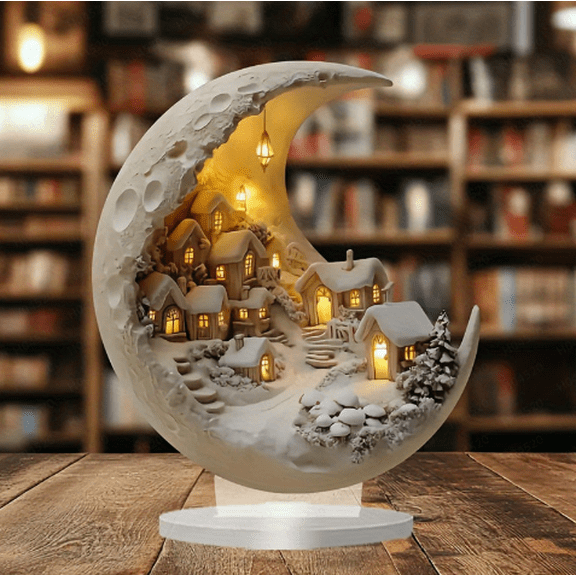 Luminous Moonlight Snow Globe Acrylic Night Light, 2D Illuminated Lunar Decoration for Home, Desk, Bedroom, Soothing Gift Idea for Everyone(6.7×8 in)
