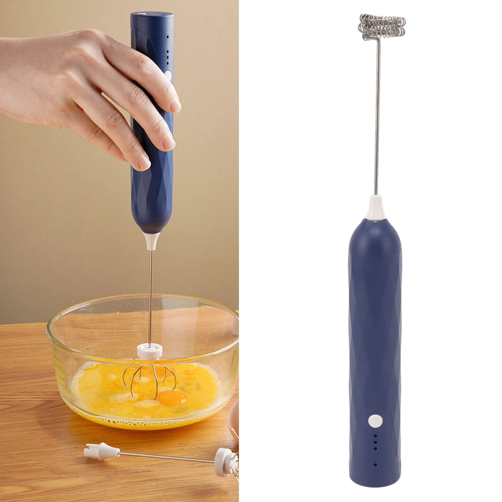 Handheld Milk Frother, Coffee Foam Maker USB Rechargeable Hand Drink Mixer 3 Speeds Electric Whisk Adjustable Hand Held Blender with 2 Heads (Blue)