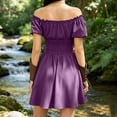 thumbnail image 6 of KICILVS Womens Witch Costumes Adult Plain Off Shoulder Short Sleeve Corset Lace Up Waist Pleated Mini Party Dress Purple, 6 of 7
