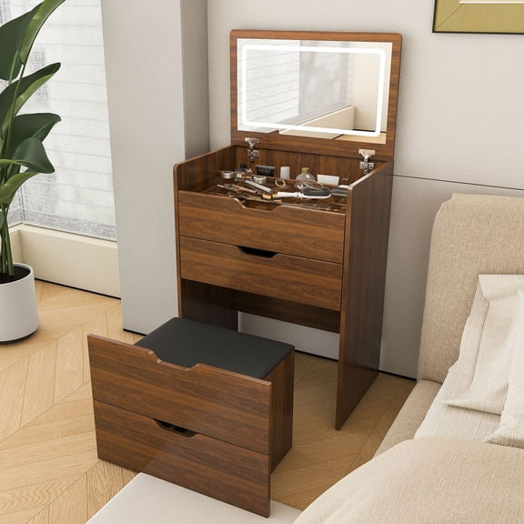 CQSXDA 3-in-1 Compact Vanity Desk with Lighted Mirror and Stool in Walnut for Bedroom and Dressing Room Storage