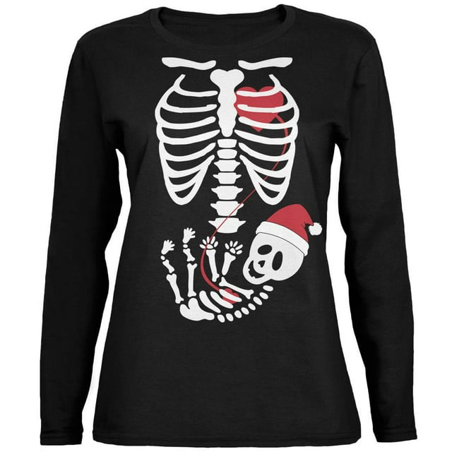T-Shirt à Manches Longues Noir pour Femmes, Squelette de Noël