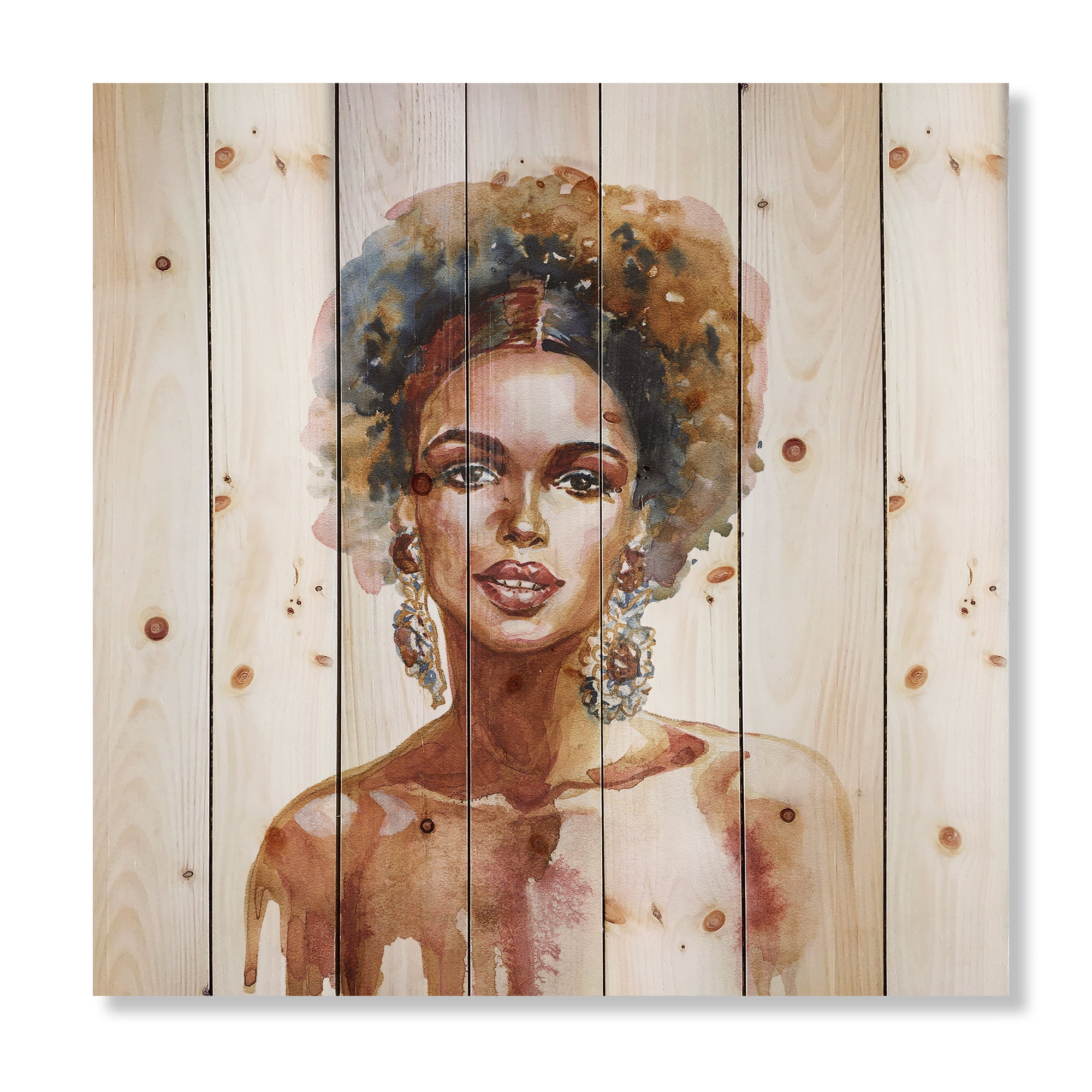 Designart 'Portrait of Afro American Woman V' Modern Print on Natural Pine Wood