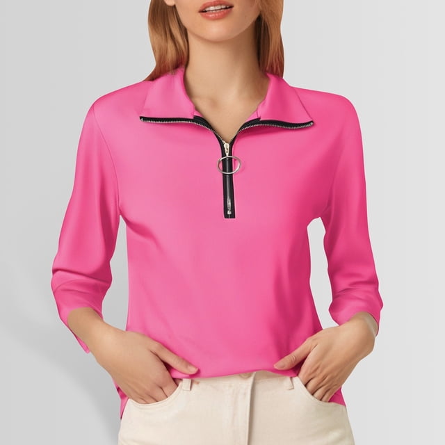 MHFRRA Camiseta de Manga Larga de Color Liso con Media Cremallera, Moderna e Informal, para Mujer Rosa Fuerte