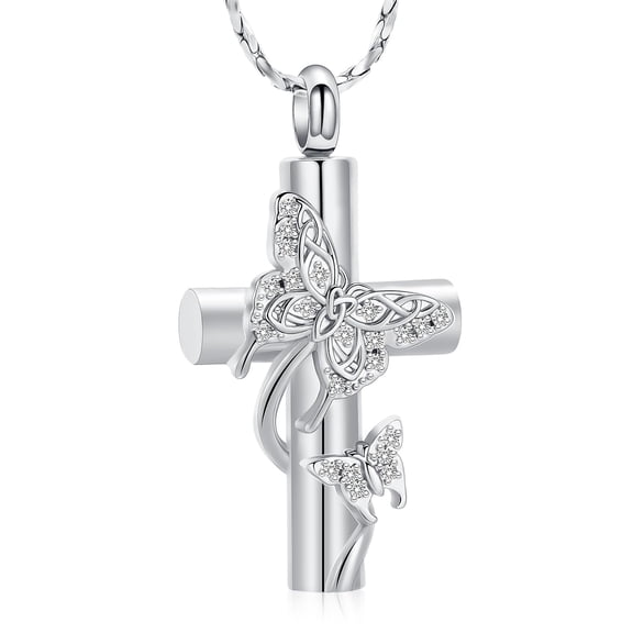 Crystal Butterfly Urn Necklace for Ashes Men Women Cremation Jewelry Ashes Pendant Cross Memorial Ash Jewelry