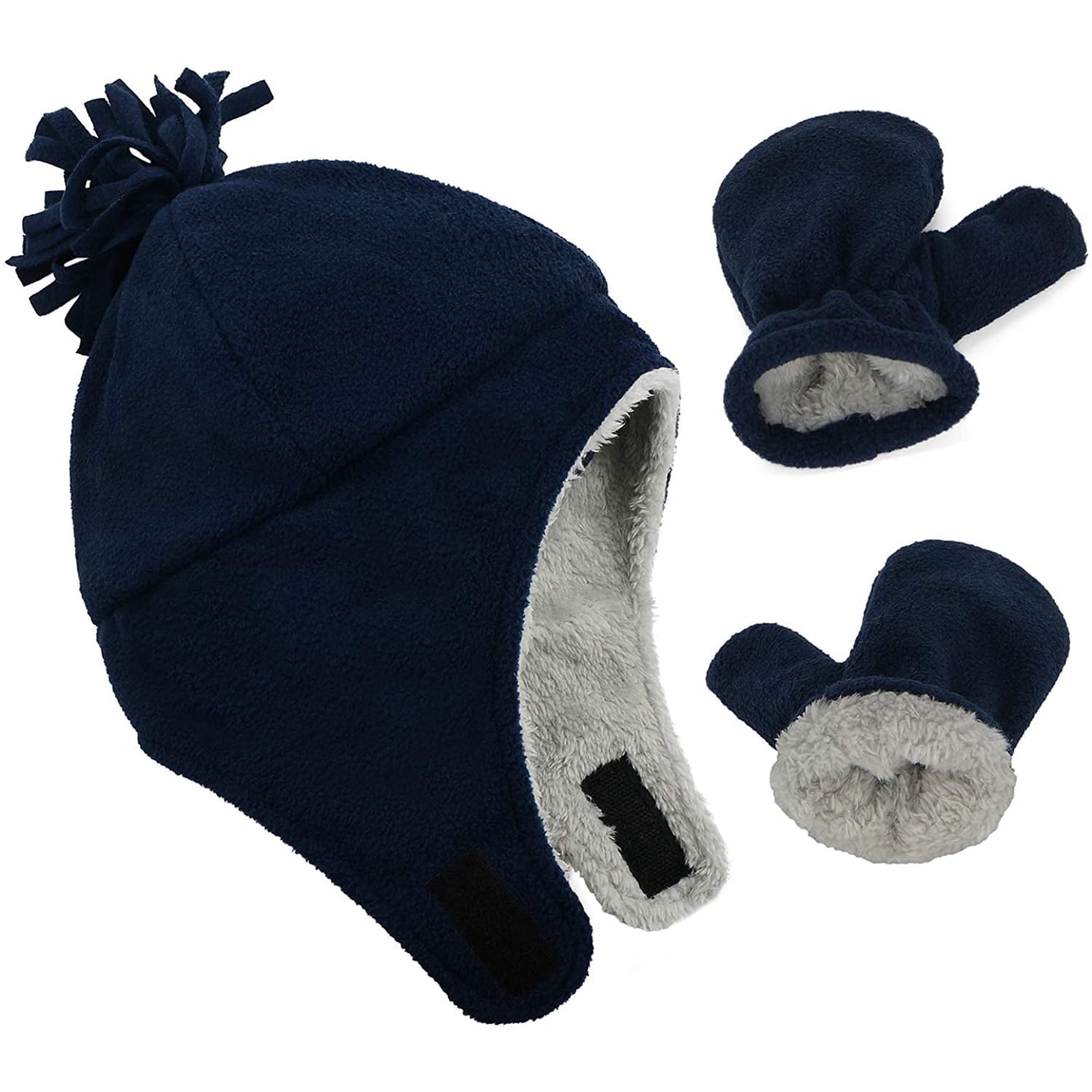 Zando Baby Kids Winter Hats and Gloves Sets for Boys Navy Blue Warm Polar Fleece Earmuffs Beanie Hat Navy 2-12 Months