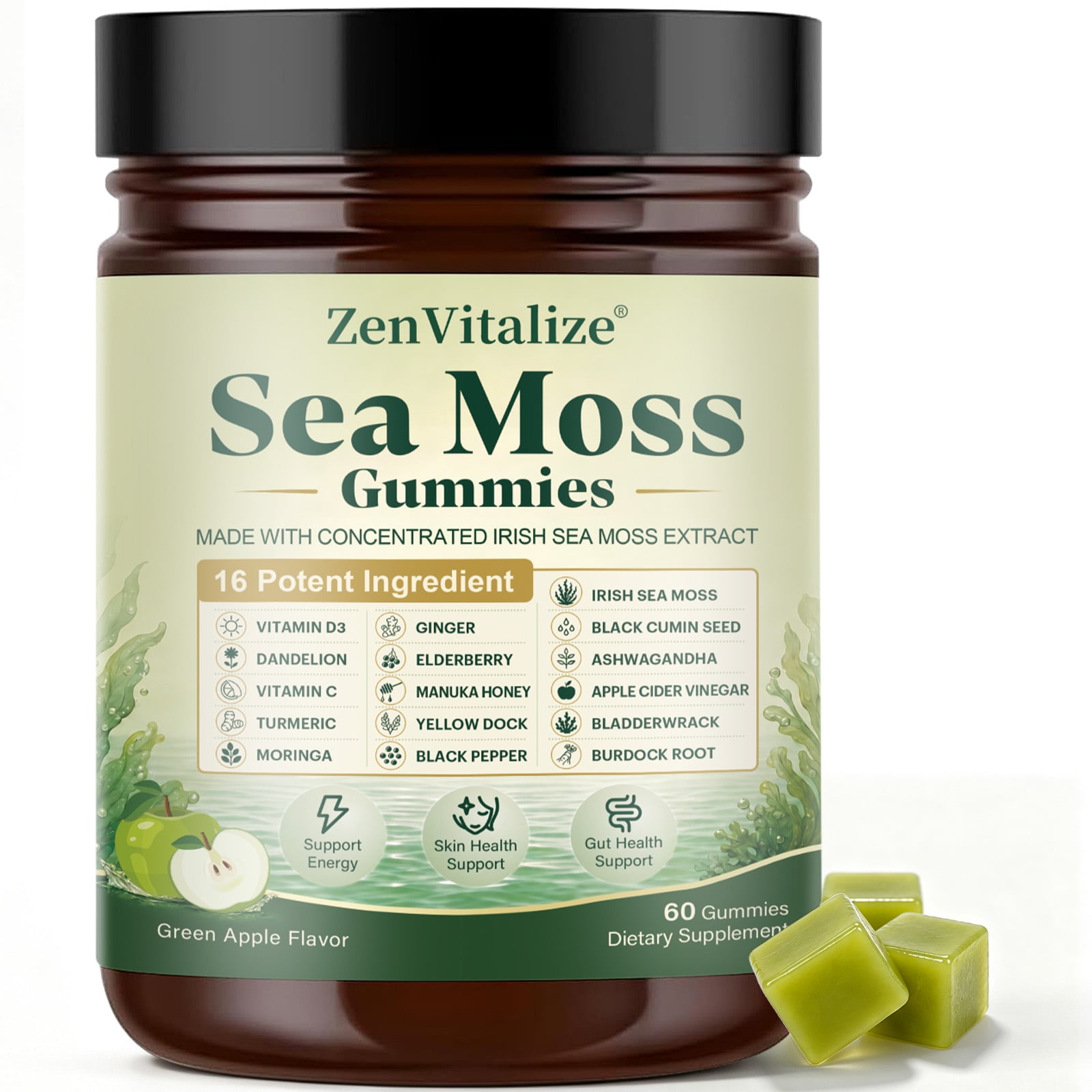 ZenVitalize 16-in-1 Irish Sea Moss Complex Gummies,Vitamin C & D Blended Herbal Supplement,Green Apple Flavor