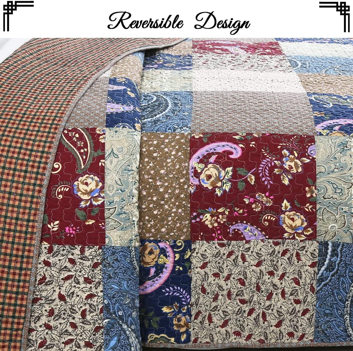 Cozy Line Home Fashions Hyler Paisley Navy Red 100% Cotton Quilt Set, King-Reversible 3 Counts