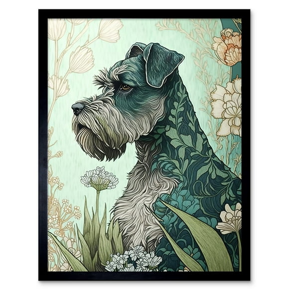 Grey Schnauzer Dog with Floral Pattern Fur Coat in Flowers Modern Watercolour Illustration Art Print Framed Poster Wall Decor 12x16 inch