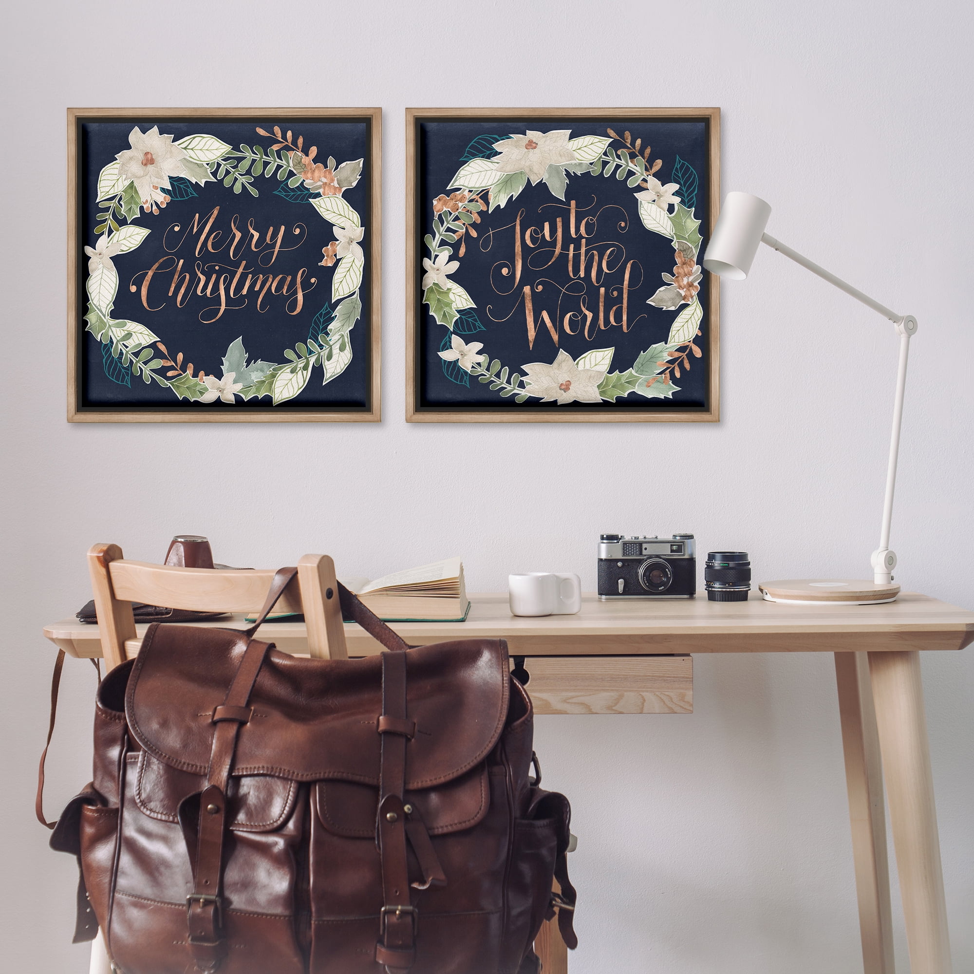 Stupell Industries Merry Christmas Joy Wreath Holiday Painting Brown Floater Framed Canvas Art Prints Wall Art, 25 x 25, Set of 2