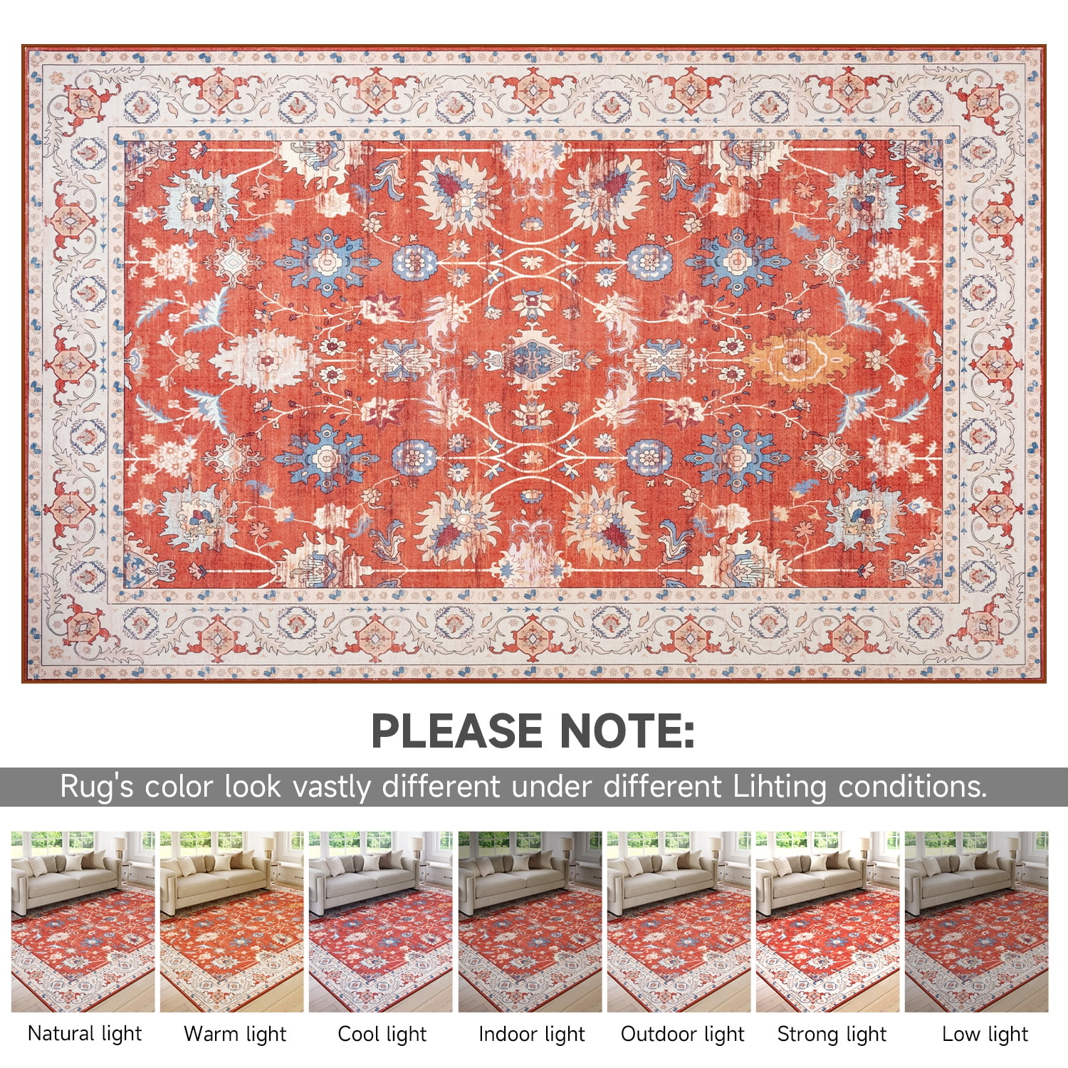 Wondo 8x10 Vintage Bohe Washable Red Area Rug for Living Room, Bedroom, Dining Room, Office, Nursery Anti-slip Easy Care Carpet, Ultra-thin Stain Resistant Indoor Low Pile Carpet