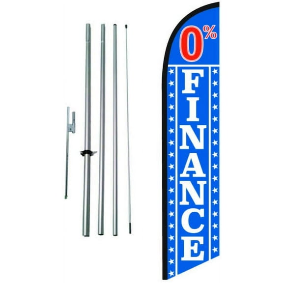 Zero Percent 0% Finance Payment Auto Dealership Advertising Feather Banner Swooper Flag Sign with Flag Pole Kit and Ground Stake