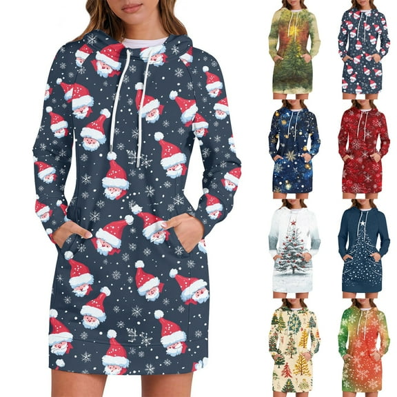 Christmas Dresses for Women Women's Sweatshirt Dress Long Sleeve Hoodies Dresses with Snowflake Christmas Tree Print for Casual Fall and Winter Wear,Army Green,L