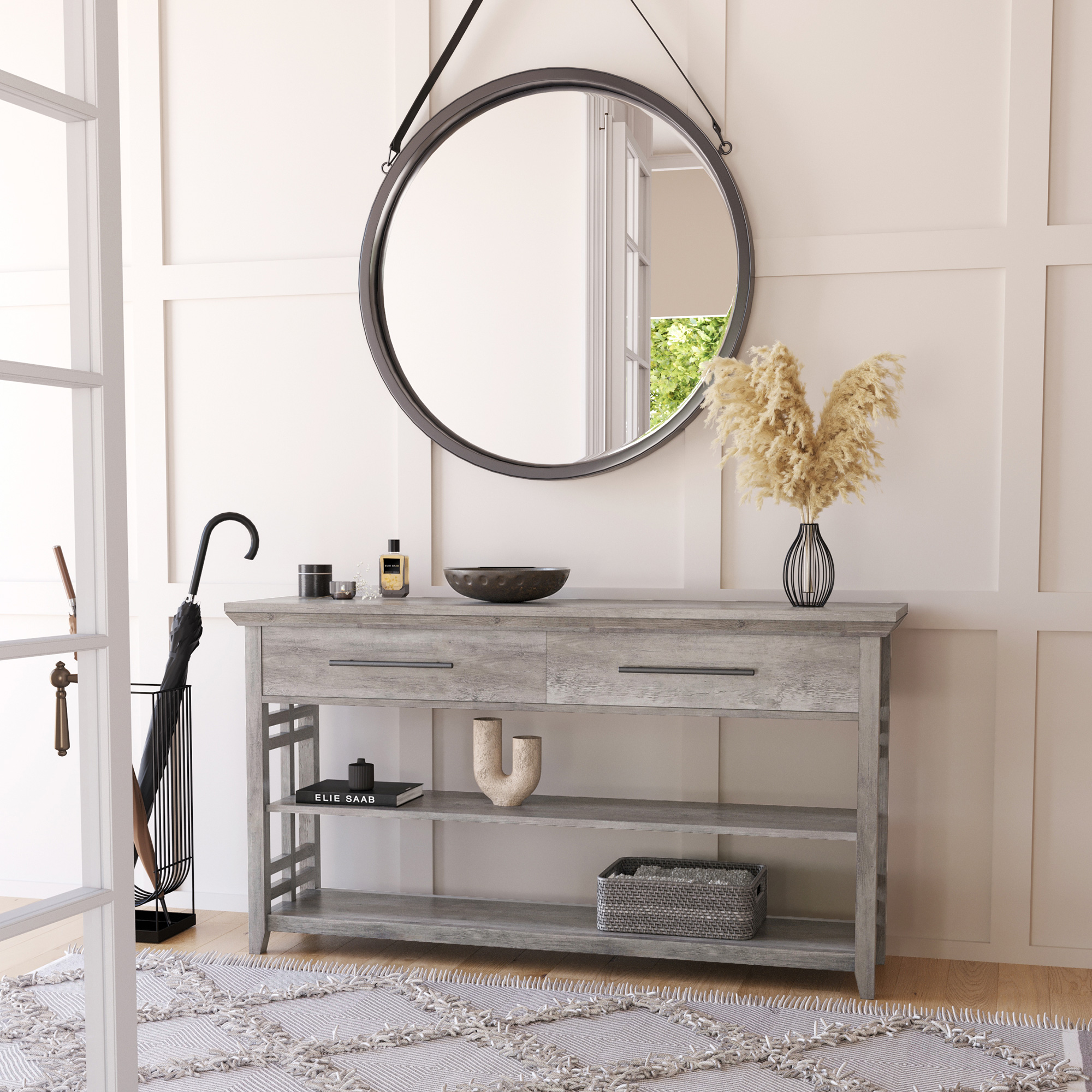 BELLEZE 3 Tier Console Table with Two Storage Shelves & Drawers, Wood Accent Sofa Table for Entryway Living Room Hallway - Norrell (Gray Wash)