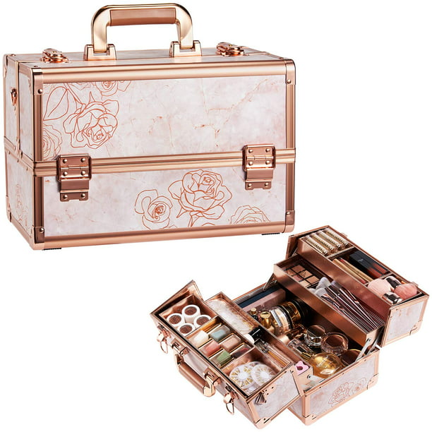 Joligrace Makeup Case Rose Gold Beauty Cosmetic Box - 13.5 Large Portable Makeup Organizer Gift for Women with 4 Spacious Trays & Shoulder Strap - Marble Rose - Walmart.com