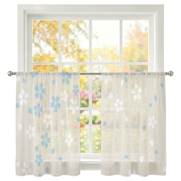 Spring Blue Floral Sheer Curtains 45 Inch Long 2 Panels Japanese Style Vintage Pastoral White Flowers Light Filtering Rod Pocket Curtains, Sheer Voile Drapes for Living Room Bedroom 52"x45"