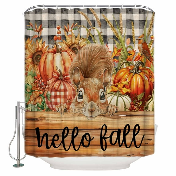 60x72 Inch Shower Curtains for Bathroom Hello Fall Squirrel Fabric Bath Curtain Decor Orange Pumpkins Plaid Thanksgiving Waterproof Restroom Curtains Shower Set Accessories with 12 Hooks 60 Inch