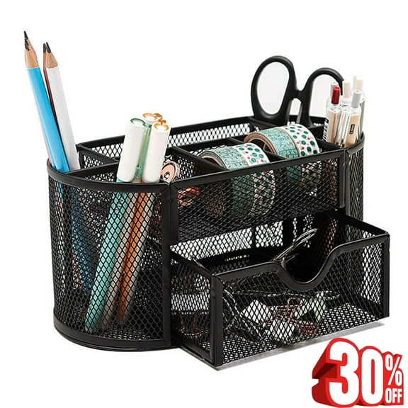 Bxaolu Mesh Desk Organizer Office Desktop Organizer with Drawer, Metal Stationary Organizer Black Desk Caddy, 9 Compartments, Black