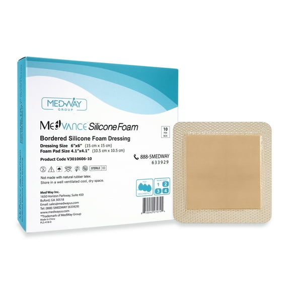 MedVanceTM Silicone - Bordered Silicone Adhesive Foam Dressing (6"x6" (4.1"x4.1" pad) 10 Pack