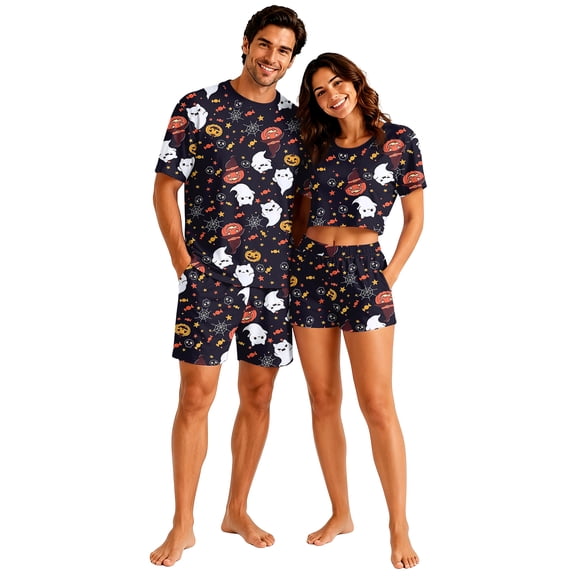 Halloween Pjs, Halloween Couple Matching Pajamas Set, Black Ghost Pumpkin Candy Corn Short Sleeve Loungewear, Crop Top & Shorts Sleepwear, Soft Cozy Holiday Nightwear for Summer Home Wear, L