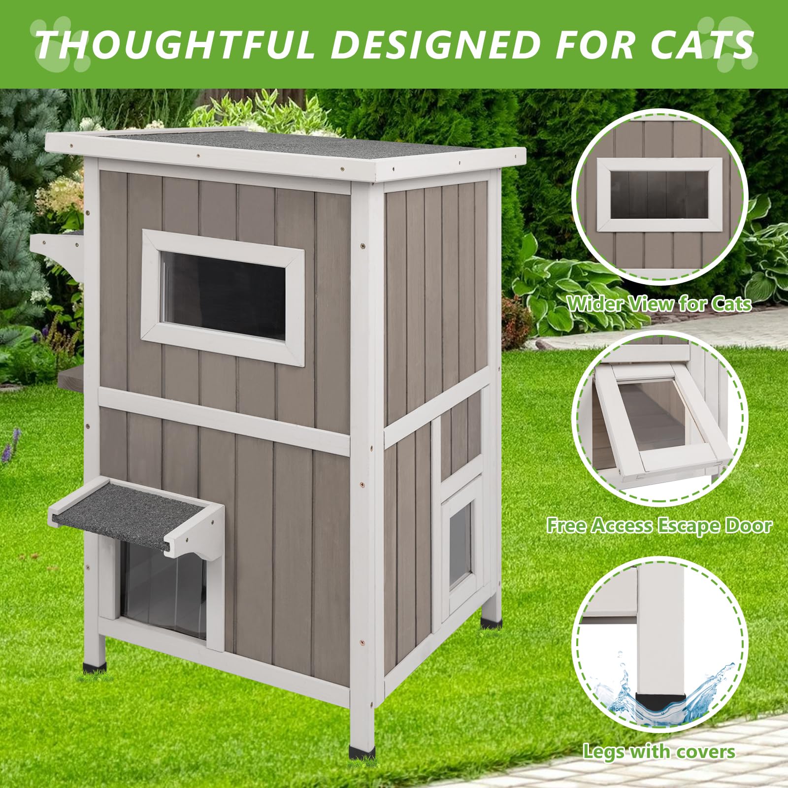 Gowoodhut Outdoor Cat House, 2-Story Feral Cat House with Escape Doors for Outside, Weatherproof