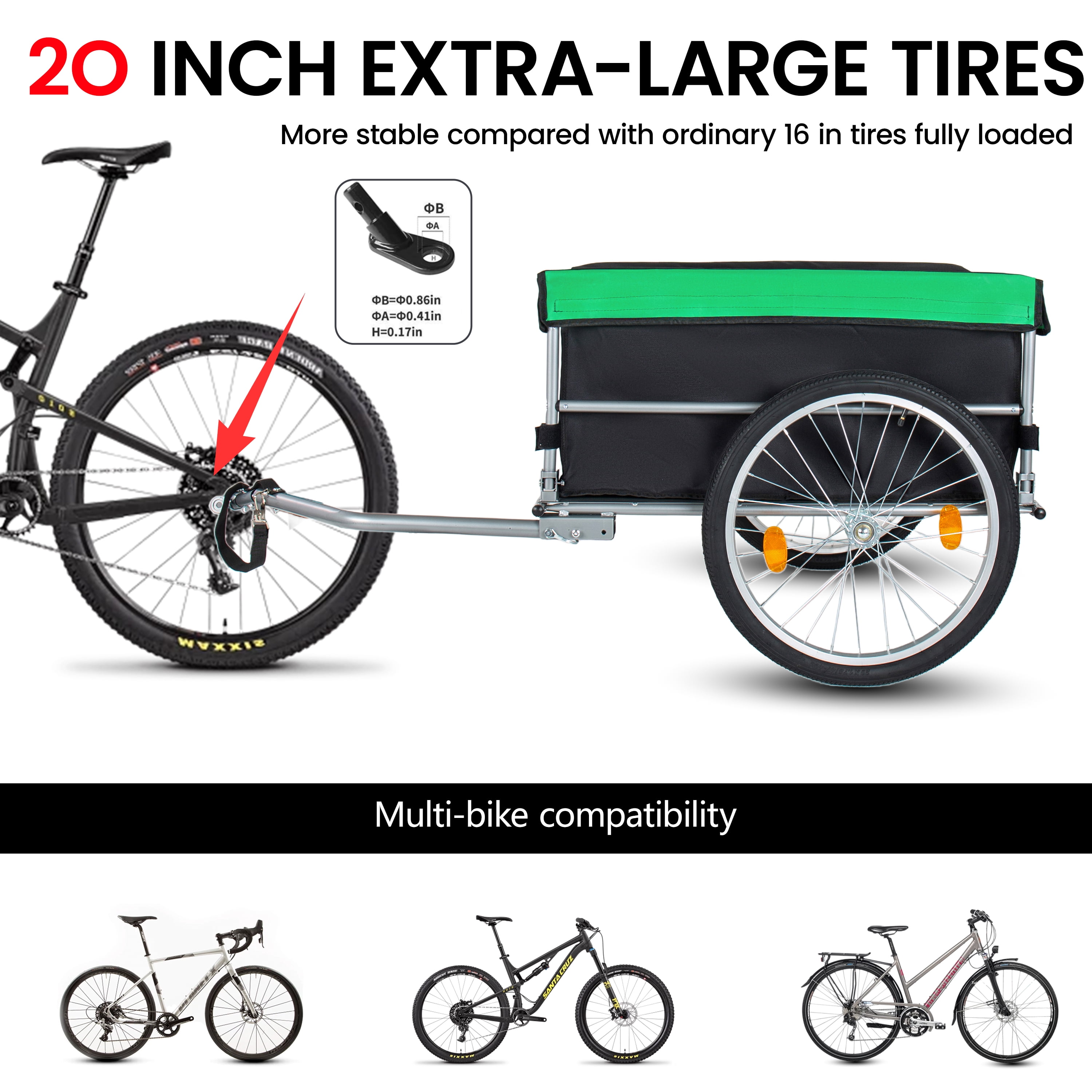 Foldable Bicycle Cargo Trailer, Black & Green with 20 Inch Wheels, Removable 600D Oxford Cover, Folding Frame and Quick Release, 120LBS Capacity for Groceries, Tools and Luggage