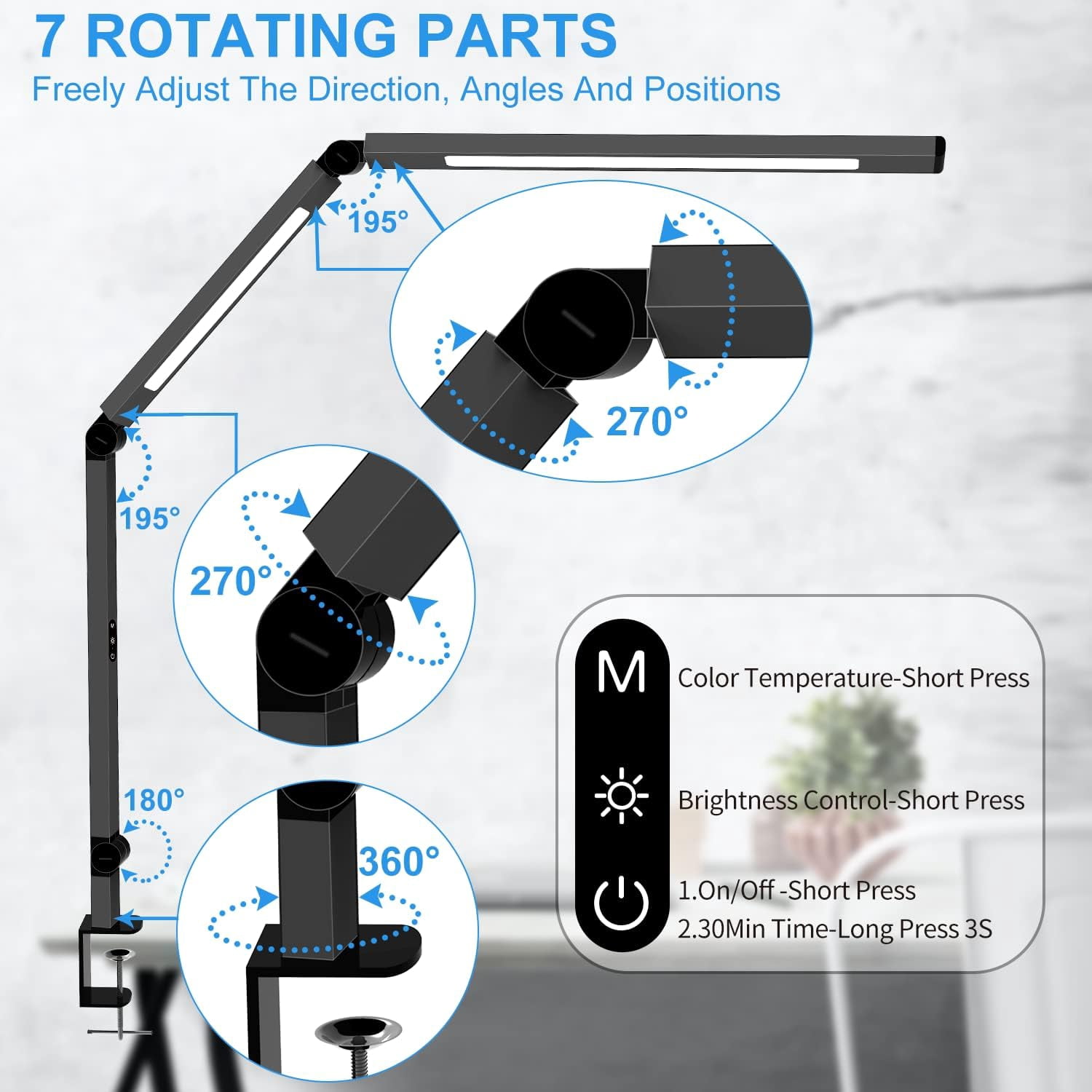 LED Desk Lamp with Clamp, Architect Desk Lamp with Dual Light and Adjustable Swing Arm, Clip- Eye-Care 4 CCT Modes & 5 Brightness Levels Table Light Modern Computer Lighting for  Office