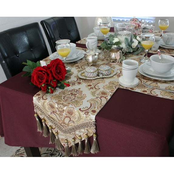 Tulla Traditional Floral Design Table Runner with multi Tassels, Embroidery Print Table Runner and Table Mat. Polyester Cotton Material