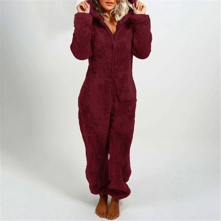

HAXMNOU Women s Artificial Wool Long Sleeve Pajamas Casual Solid Color Zipper Loose Hooded Jumpsuit Pajamas Casual Winter Warm Rompe Cute Ears Sleepwear L