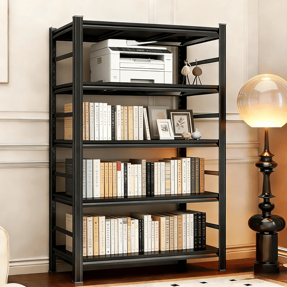 5-Tier Metal BookShelf with Fences,72"H x 48"W x 24"D Industrial Bookshelves,Heavy Duty Storage Shelf,Adjustable Standing Book Shelf for Living Room,Bedroom,Office,Library,Tool-Free Assembly