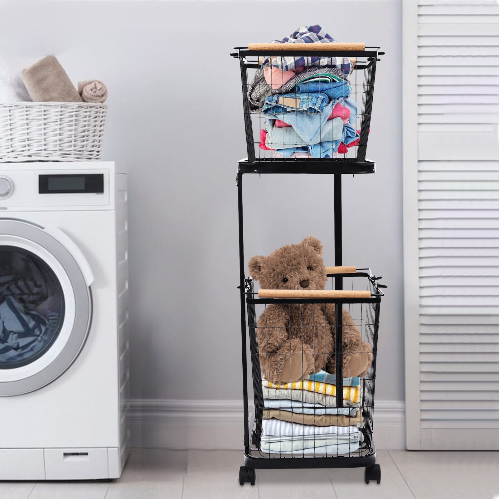 2 Tiers Metal Laundry Basket on Wheels Rectangular Black Large Laundry Hampers Laundry Room Organization and Storage with Removable Wire Baskets Clothing Sorting Laundry Baskets
