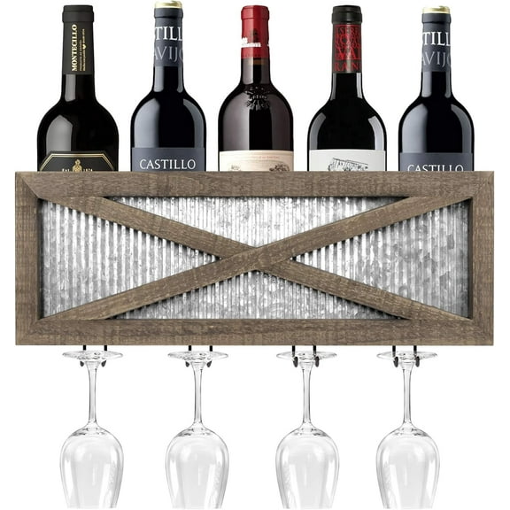 Autumn Alley Wood Rustic Farmhouse Wine Rack, Wine Glass Shelf– Rustic Galvanized Metal