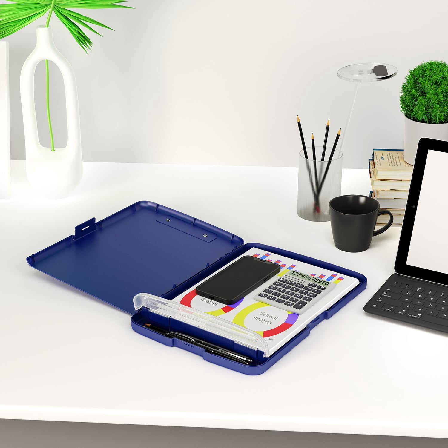 Clipboard With Storage  8.5 X 11 Organization Box Pen Holder And A4 Legal Paper Folder Heavy Duty Plastic Folio & Side-opening Low Profile Clip For Teachers Navy Blue