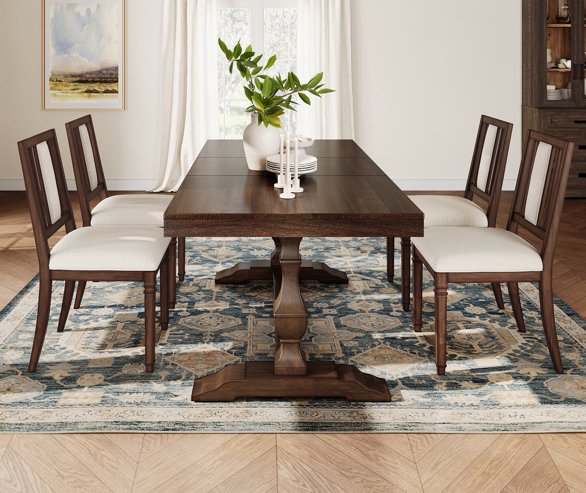 WAMPAT Farmhouse Upholstered Dining Chairs Set of 4,Modern Kitchen Chairs with Fabric Cushion & Splat Back for Dining Room,Living Room,Brown