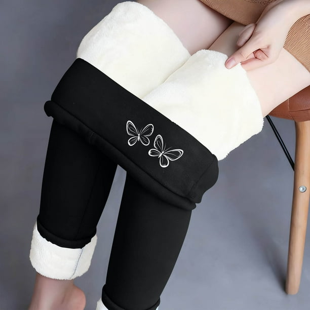 Leggings de lana de cordero gruesa para mujer, pantalones largos con estampado pequeño y forro polar añadido, pantalones de poliéster para mujer
