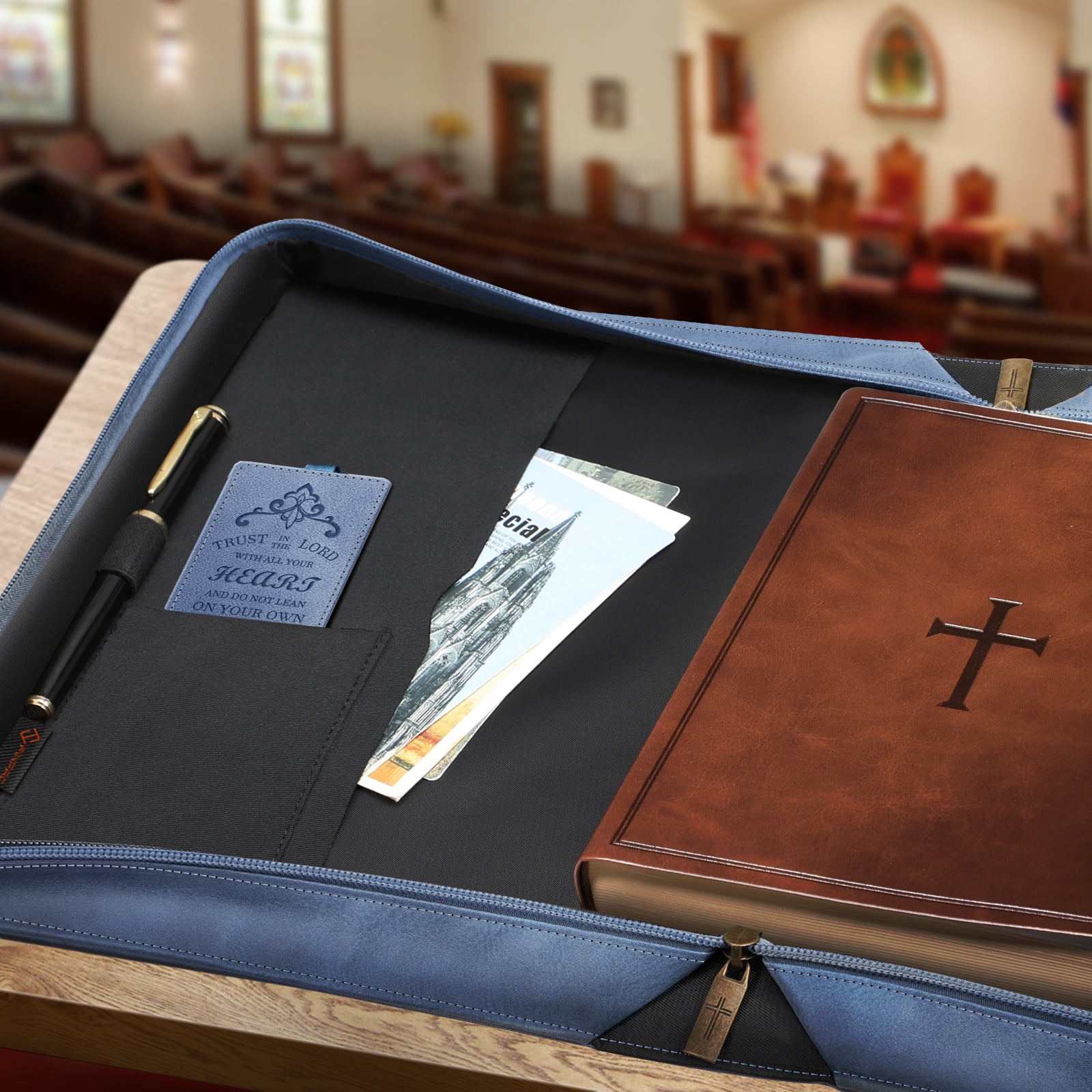 Classic Bible Cover, FINPAC Extra Large PU Leather Carrying Book Case Church Bag Bible Protective with Handle, Perfect Gift for Men, Women, Father, Mother, Friends [Trust in The Lord], Blue