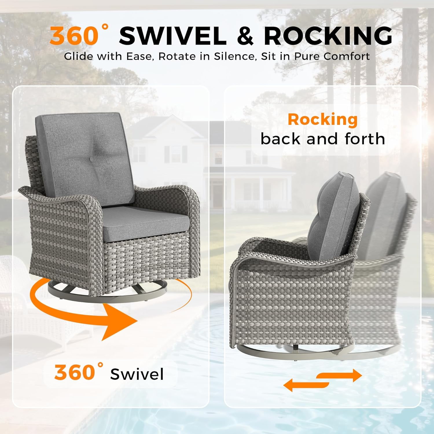 14-Seat Outdoor Wicker Patio Furniture Set with Fire Pit Table, Modular Rattan Sectional Sofa & 2 Swivel Rocking Chairs, 4" Thick Cushions, Rust-Resistant Frame,Grey