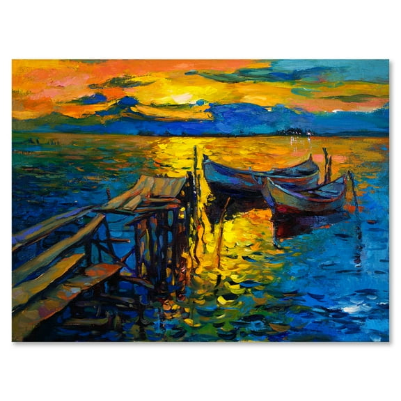 Designart ' Boat At The Lake During Evening Glow II ' Nautical & Coastal Canvas Wall Art Print