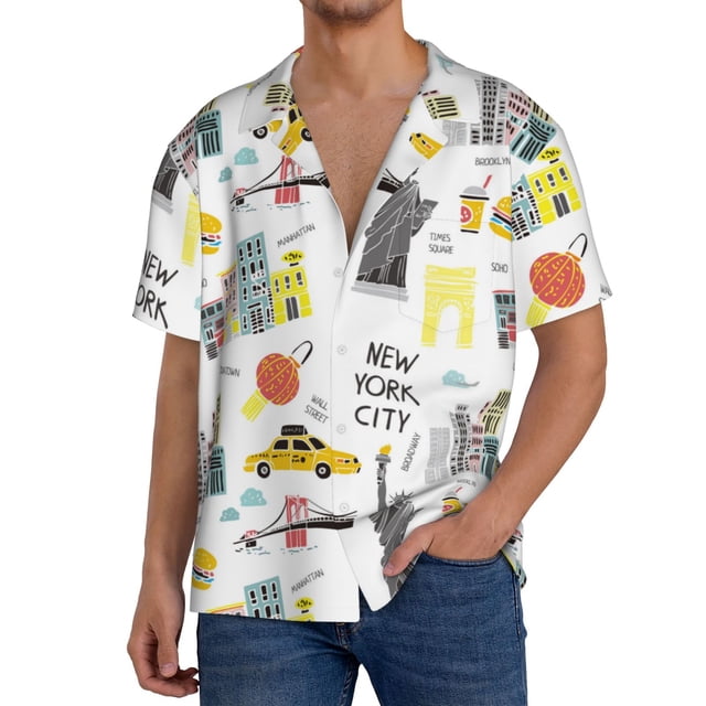 Fotbe New York Camisa Estampada de Manga Corta para Hombre, Casual de Verano, Estilo Playero, Sin Arrugas-Large