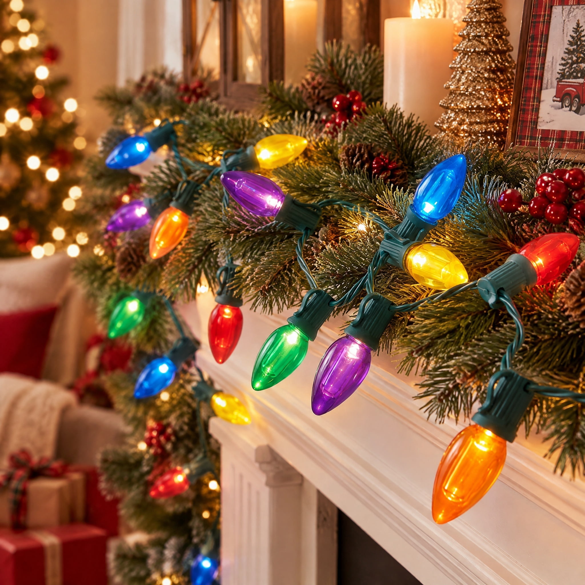 Indoor 20-Count Battery-Operated LED Smooth C3 Christmas String Lights, Multicolor, Green Wire, 6.3', by Holiday Time