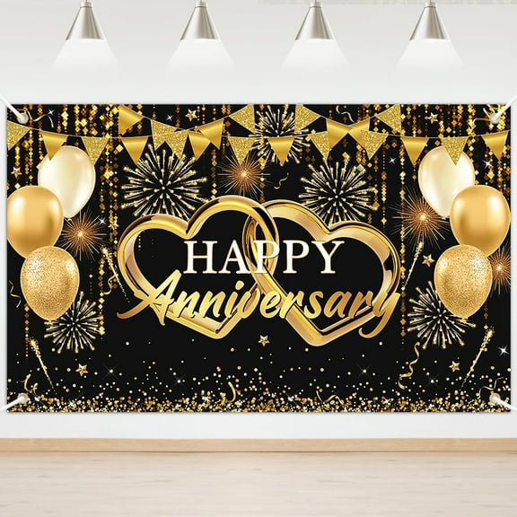 Mocsicka Black Gold Happy Anniversary Backdrop Glitter Gold Anniversary Banner for Wedding Engagement Anniversary Party Decorations