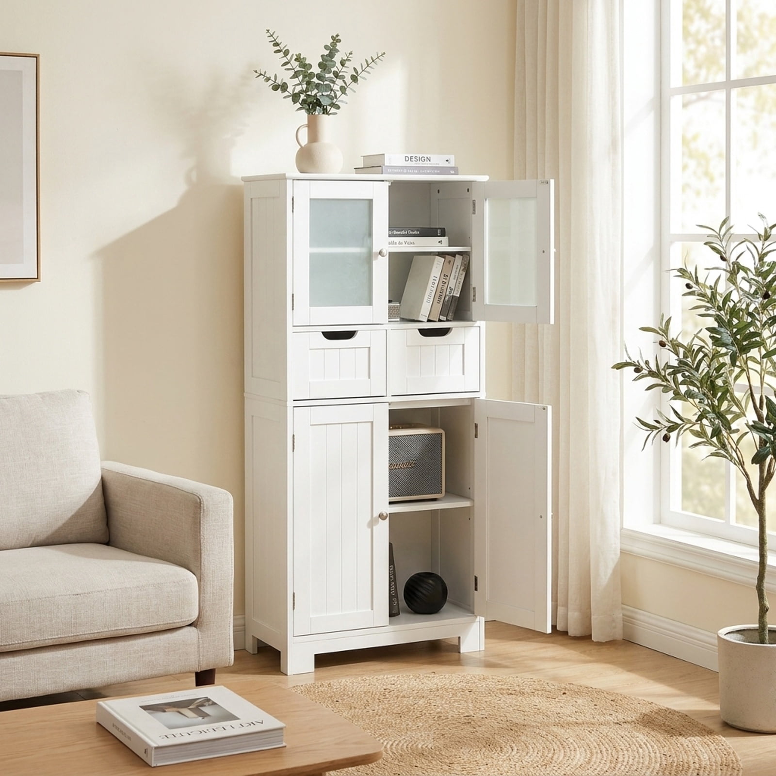 Vebreda Freestanding Bathroom Storage Cabinet, 4 Door Freestanding Bathroom Floor Storage Cabinet with 2 Drawers and Glass Doors