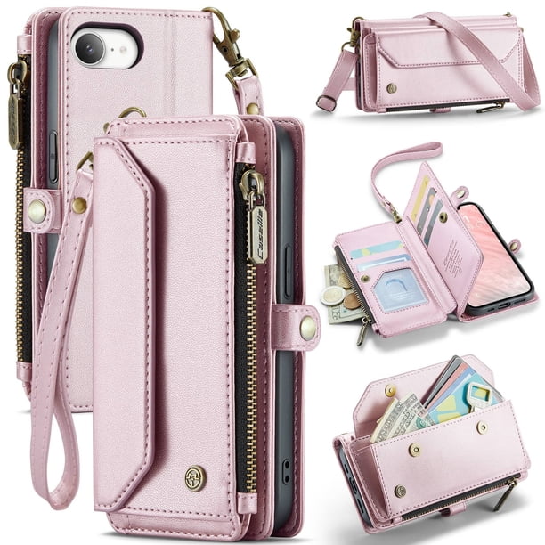 Funda tipo cartera para iPhone 16e con bloqueo RFID, tarjetero, cremallera y ranura para billetes, correa de hombro magnética de piel sintética suave para mujer