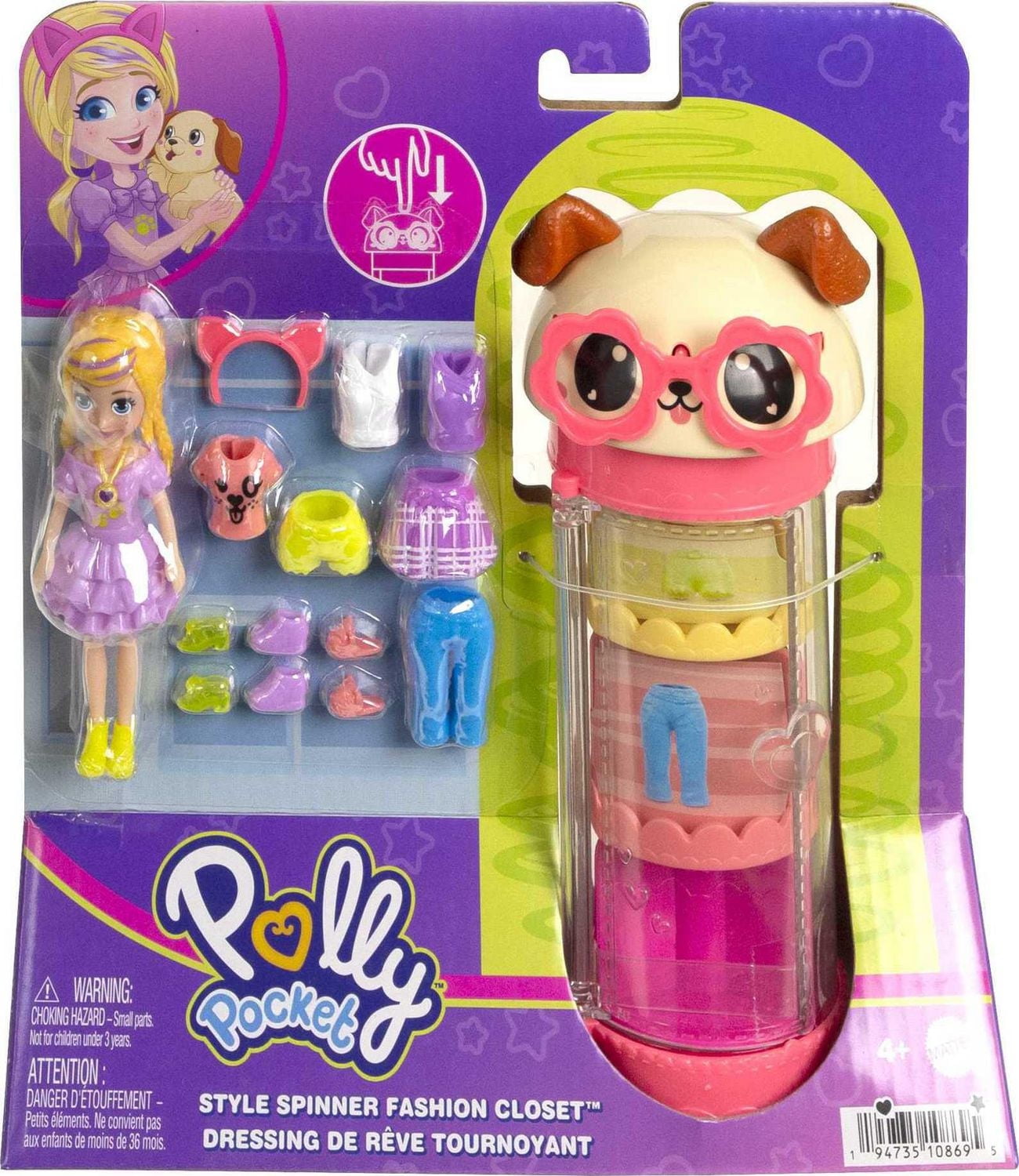 Polly Pocket Style Spinner Fashion Closet Playset with Polly Doll and Puppy Theme, Fashion Tube Collection