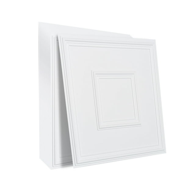 KFFKFF Drop-In Ceiling Panels, Pack of 12, 24x24 inches, Premium PVC, Simple to Install or Trim, Adhesive Ceiling Tiles for Decorating Homes or Offices, White with Geometric Design