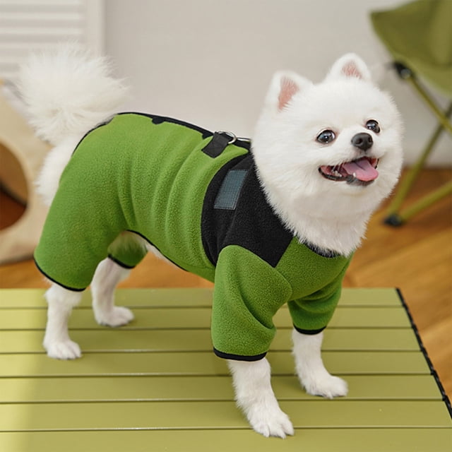 Suéter polar de invierno para perros y gatos | Abrigo cálido de cuerpo entero para mascotas de cuatro patas | Orificio para correa integrado para paseos | Polar suave para otoño e invierno | Verde
